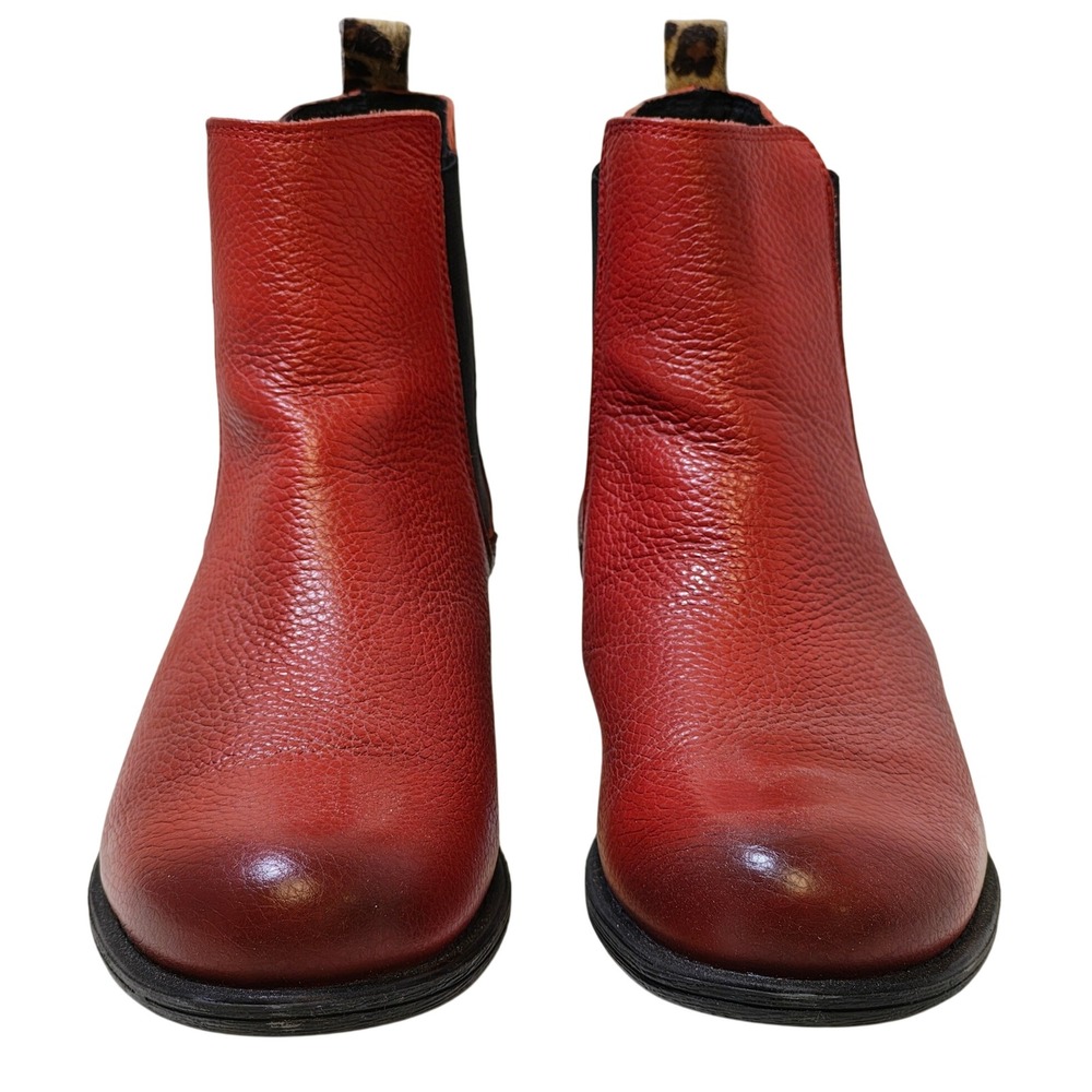 New L'idea by Lori Red Pebbled Leather Chelsea Boots Leopard Calf Hair Size 38